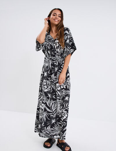 Robe longue col en V manches courtes noir femme