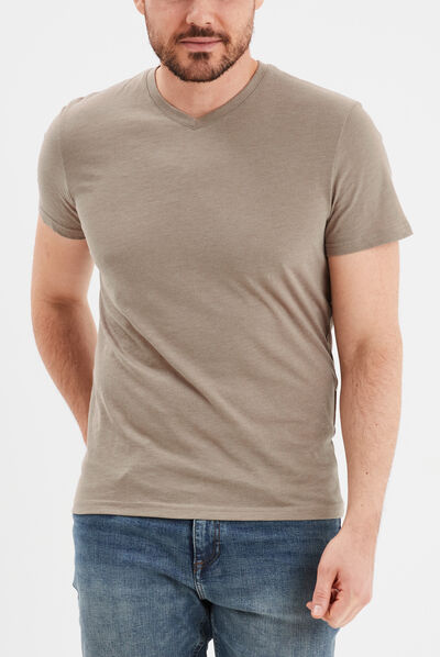 T-shirt manches courtes coton col V taupe homme