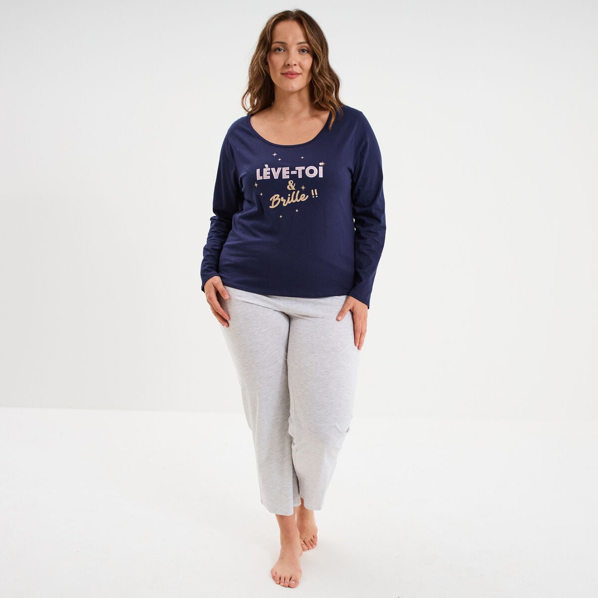Ensemble pyjama 2 pi&egrave;ces coton bleu marine femme grande taille