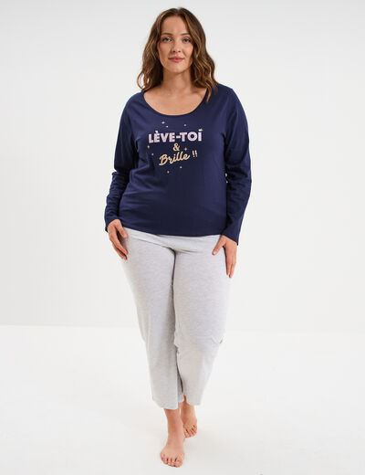 Ensemble pyjama 2 pi&egrave;ces coton bleu marine femme grande taille
