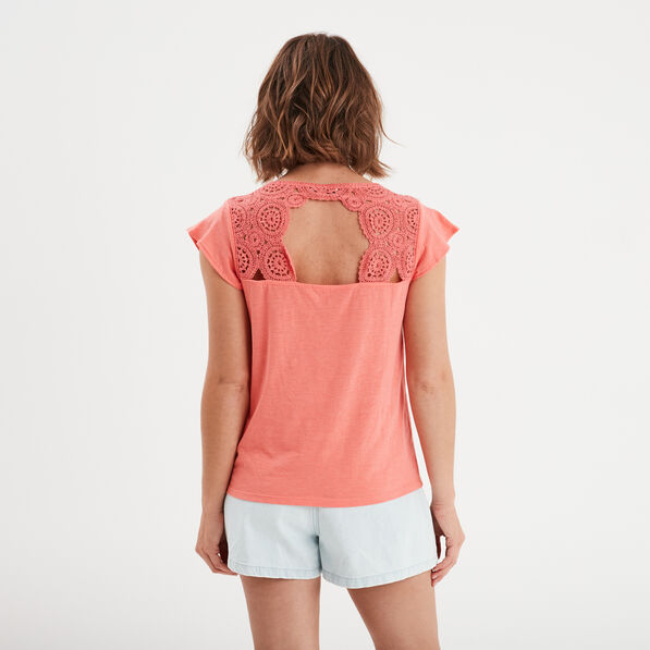 T-shirt épaules et dos macramé rose corail femme