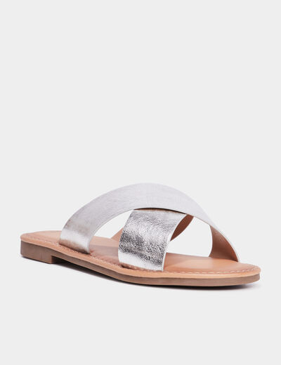 Mules brides larges crois&eacute;es gris argent femme