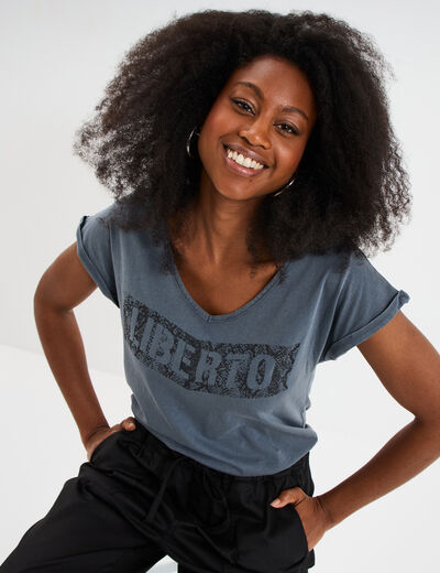 T-shirt d&eacute;lav&eacute; en coton gris femme