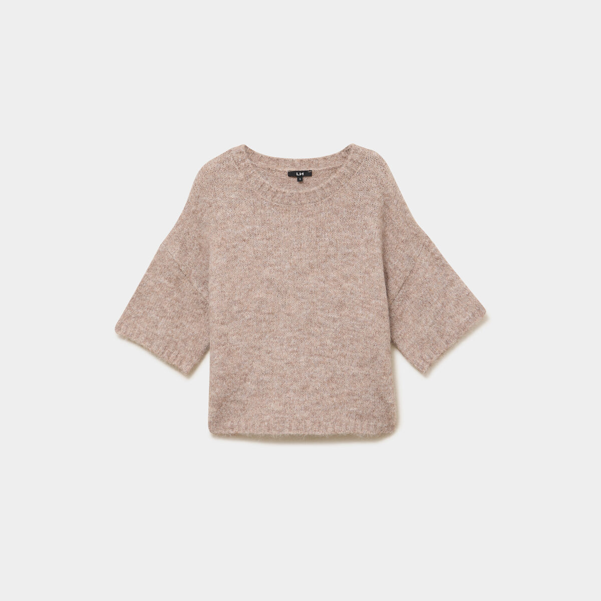 Pull col rond manches courtes beige femme