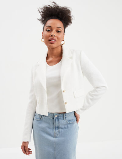 Veste courte tweed col tailleur blanc femme