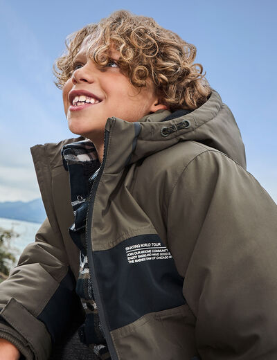 Parka mi-longue zippée à capuche noir garçon