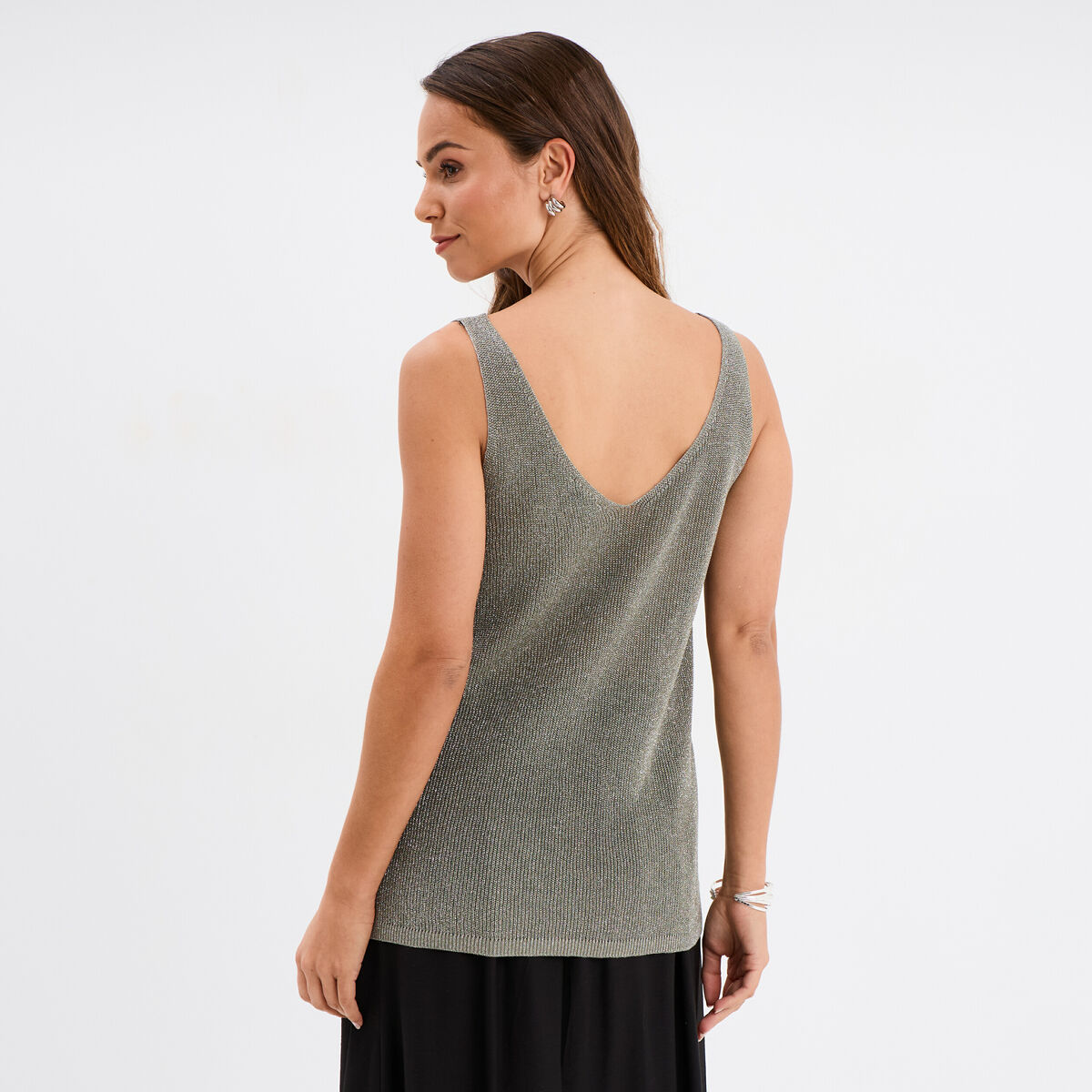 Débardeur maille col en V vert kaki femme