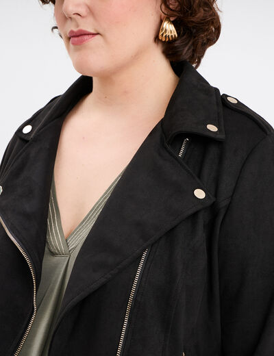 Blouson zippé effet suédine style biker noir femme grande taille