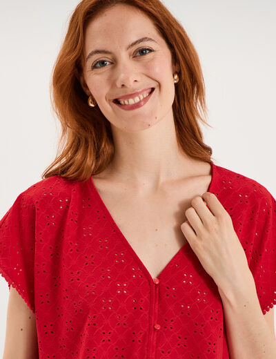 T-shirt dentelle avec boutons rouge femme