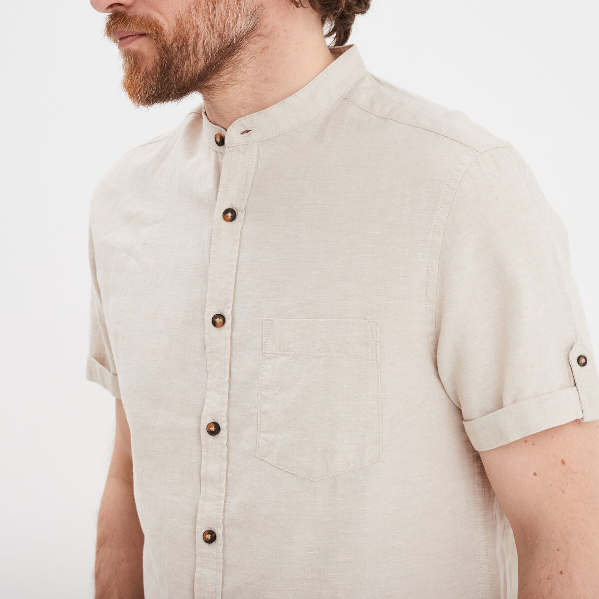 Chemise col mao lin m&eacute;lang&eacute; gris clair homme
