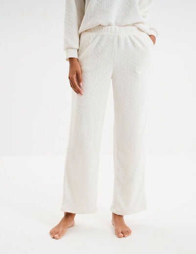 Pantalon effet polaire d&eacute;tails torsades blanc femme