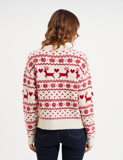 Pull de No&euml;l manches longues ecru femme