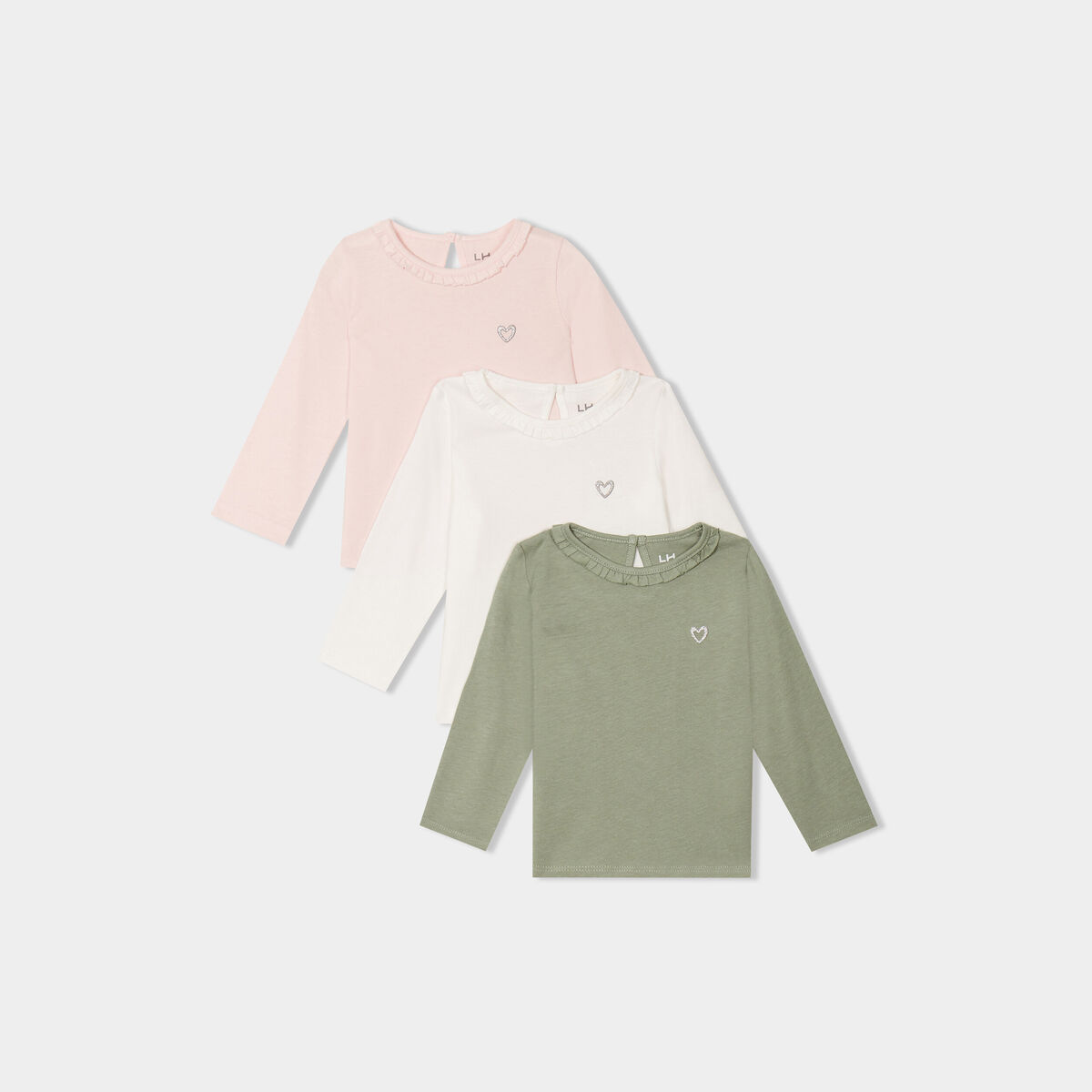 Lot 3 t-shirts col rond &agrave; volants coton rose clair b&eacute;b&eacute; fille