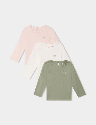 Lot 3 t-shirts col rond à volants coton rose clair bébé fille