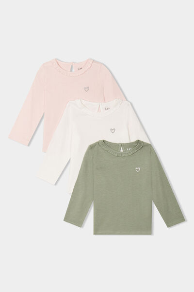 Lot 3 t-shirts col rond &agrave; volants coton rose clair b&eacute;b&eacute; fille