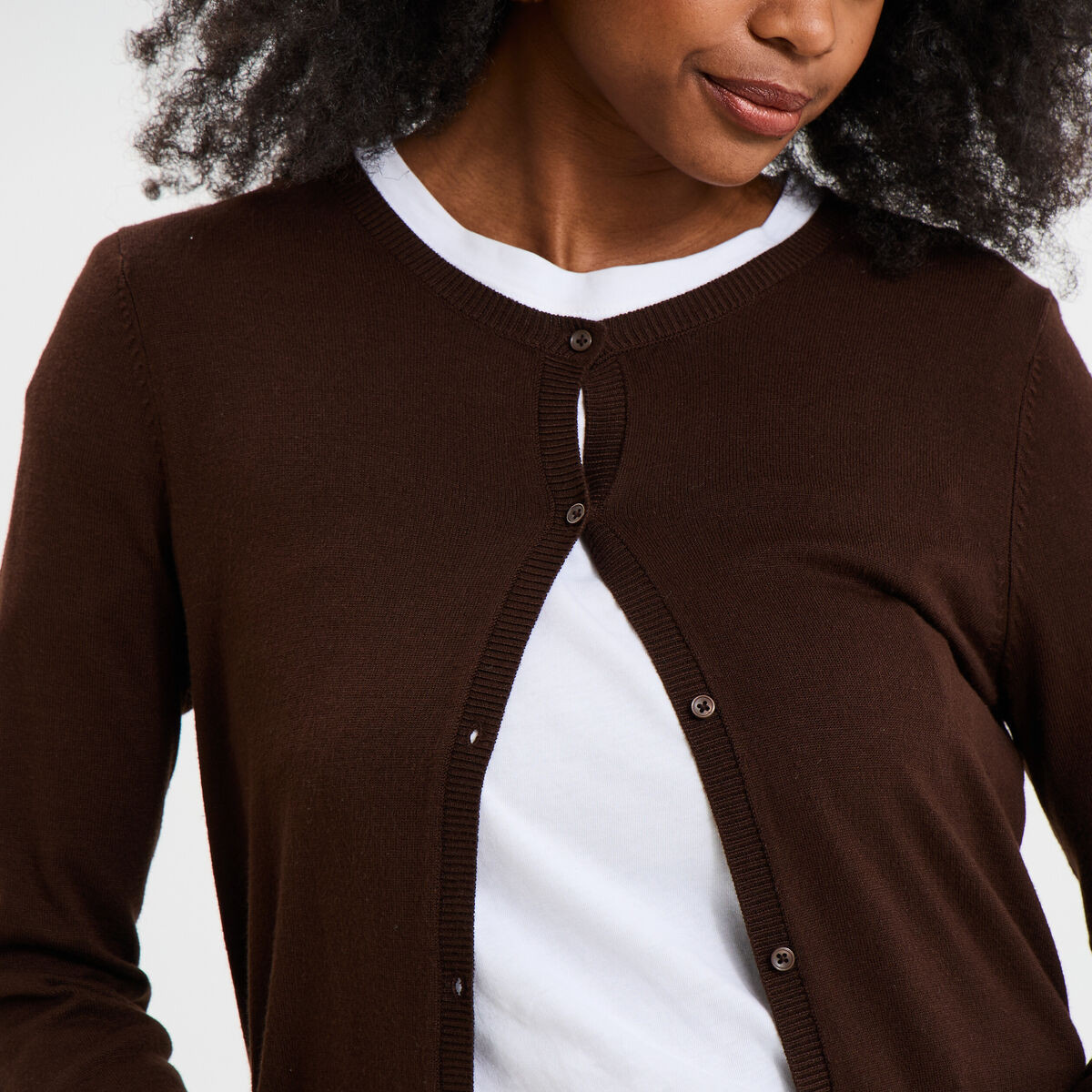 Gilet col rond manches longues marron foncé femme
