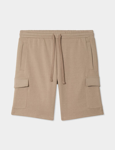 Bermuda cargo molleton taille &eacute;lastiqu&eacute;e taupe homme