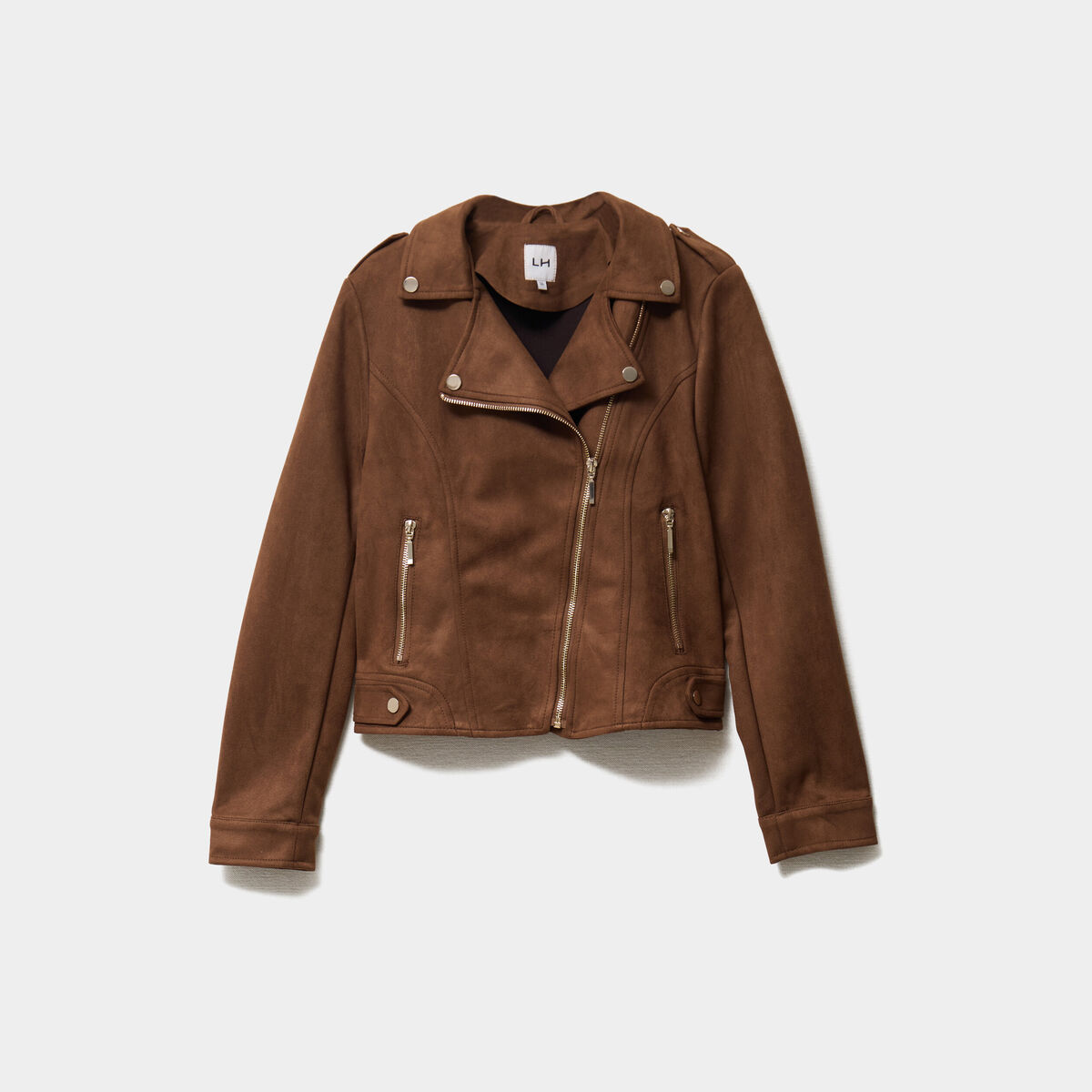 Veste courte esprit biker effet suédine camel femme