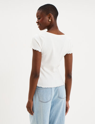 T-shirt ajust&eacute; col en V avec boutons blanc femme