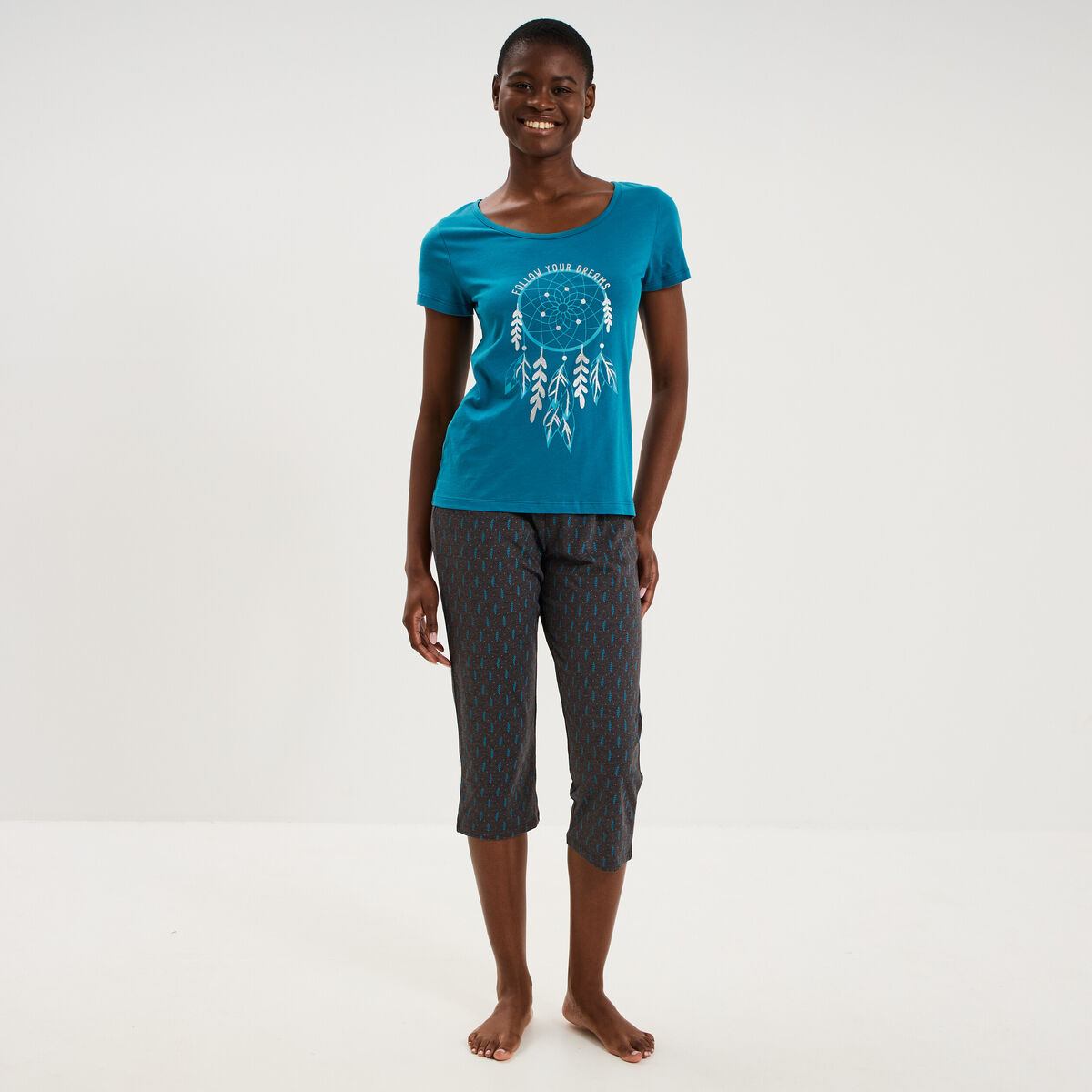 Ensemble pyjama corsaire t-shirt coton bleu canard femme
