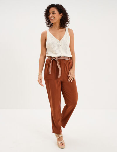 Pantalon paperbag &eacute;lastiqu&eacute; m&eacute;lange lin camel femme