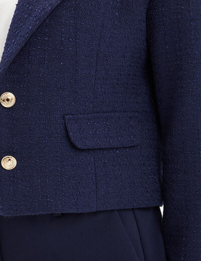 Veste courte tweed col tailleur bleu marine femme