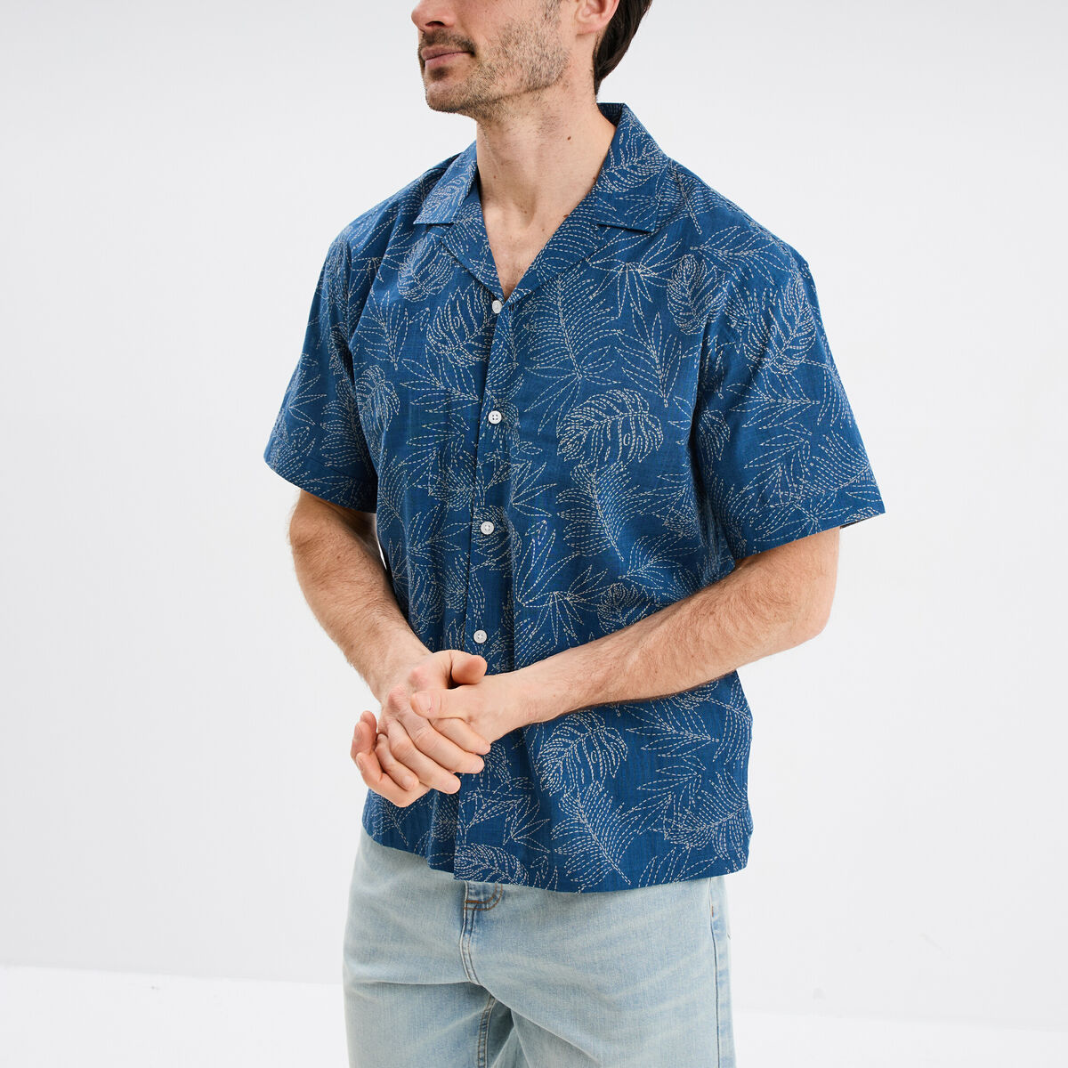 Chemise en coton manches courtes bleu pétrole homme