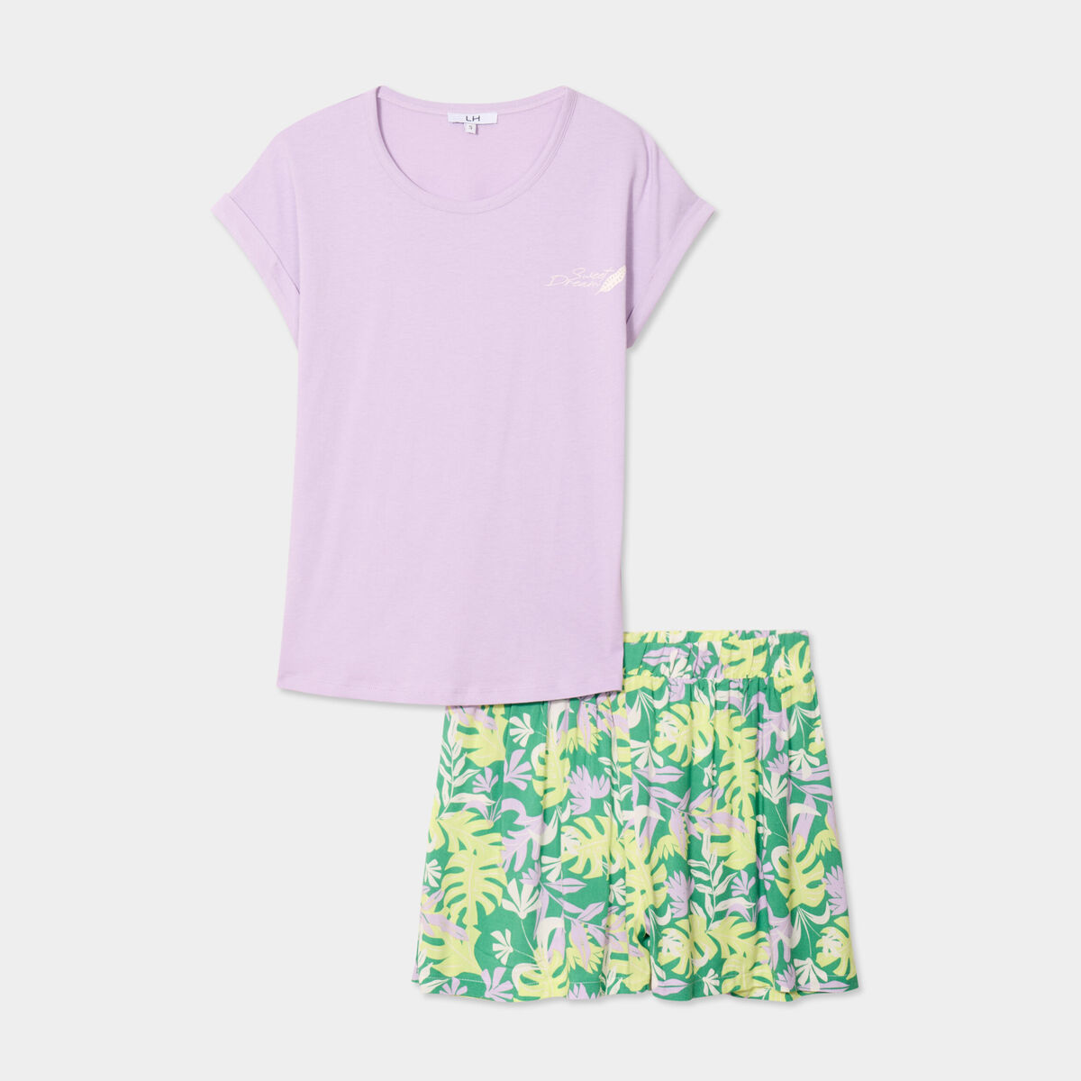 Ensemble pyjama short et t-shirt vert femme