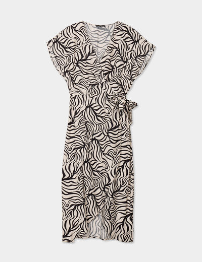 Robe portefeuille longue manches courtes ecru femme