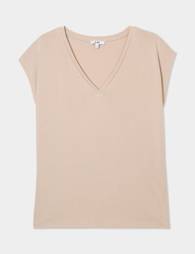 T-shirt col en V manches courtes beige femme