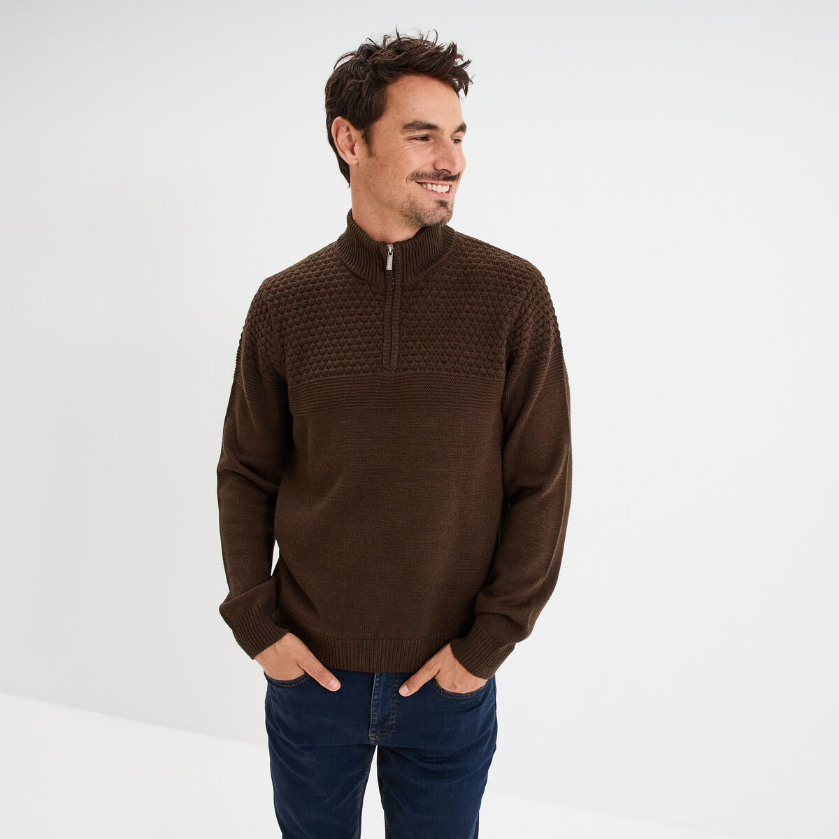 Pull col camionneur zipp&eacute; marron fonc&eacute; homme