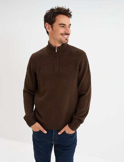 Pull col camionneur zipp&eacute; marron fonc&eacute; homme