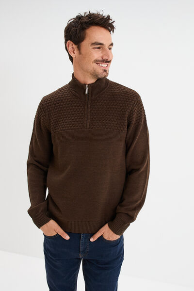 Pull col camionneur zipp&eacute; marron fonc&eacute; homme
