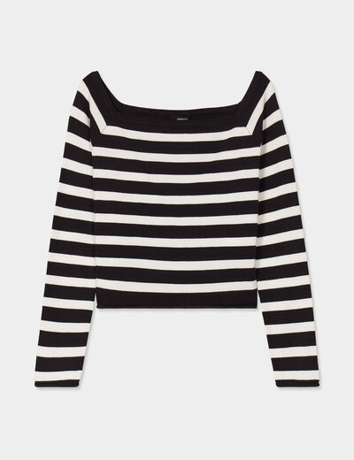 Pull côtelé col carré tricotage en côte noir femme