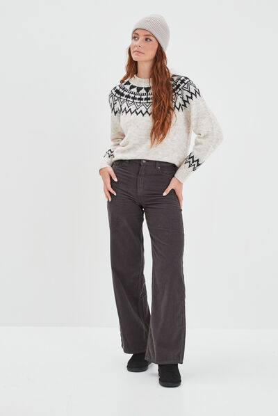 Pantalon velours taille haute large gris foncé femme
