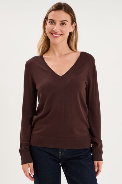 Pull col en V manches longues marron fonc&eacute; femme