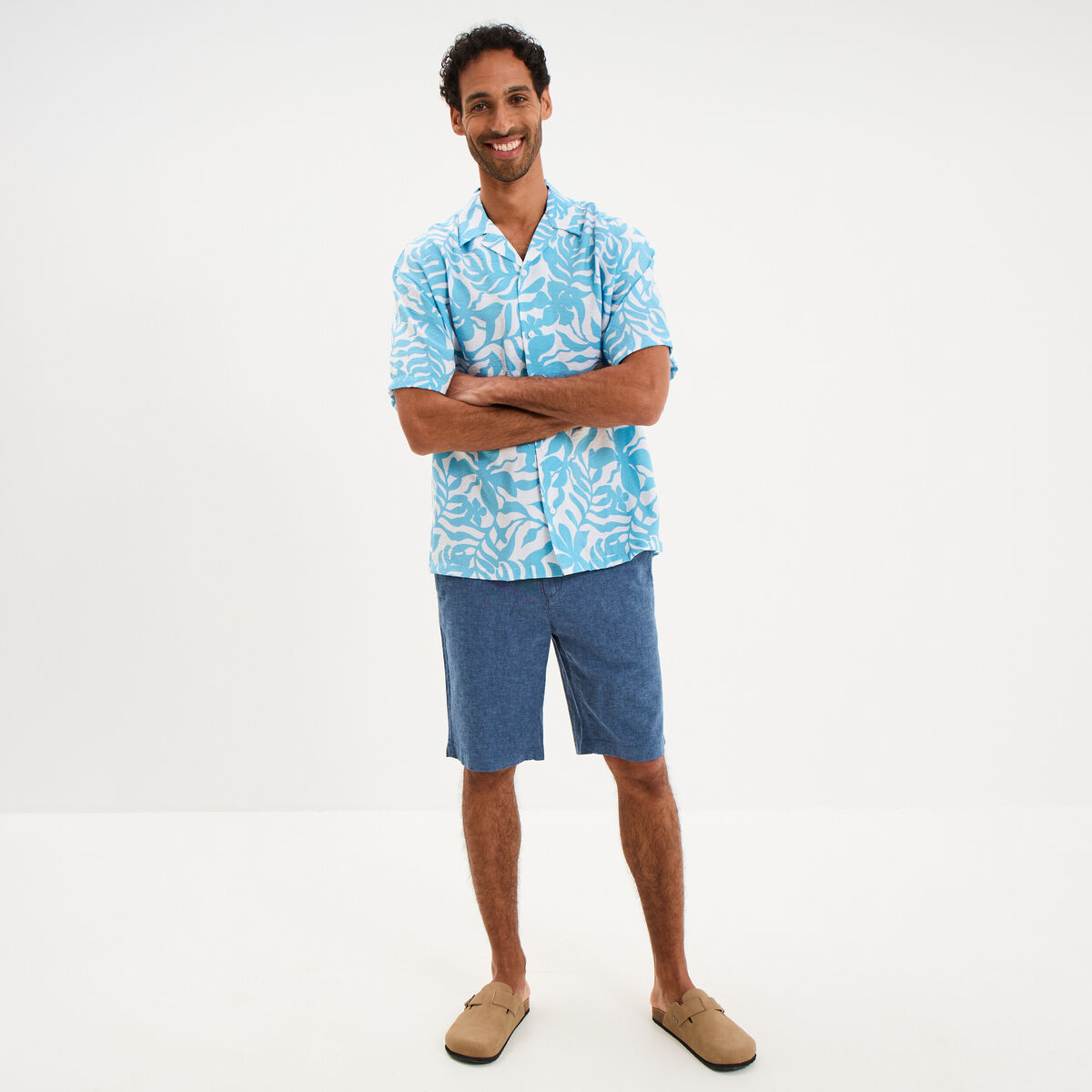 Bermuda chino &agrave; coulisse lin m&eacute;lang&eacute; bleu homme