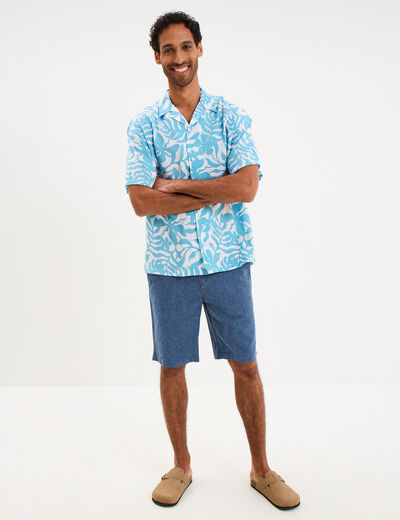 Bermuda chino &agrave; coulisse lin m&eacute;lang&eacute; bleu homme