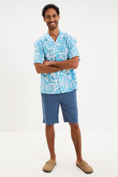 Bermuda chino &agrave; coulisse lin m&eacute;lang&eacute; bleu homme