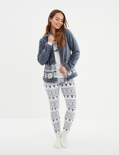 Ensemble pyjama 3 pièces gilet à capuche bleu gris femme