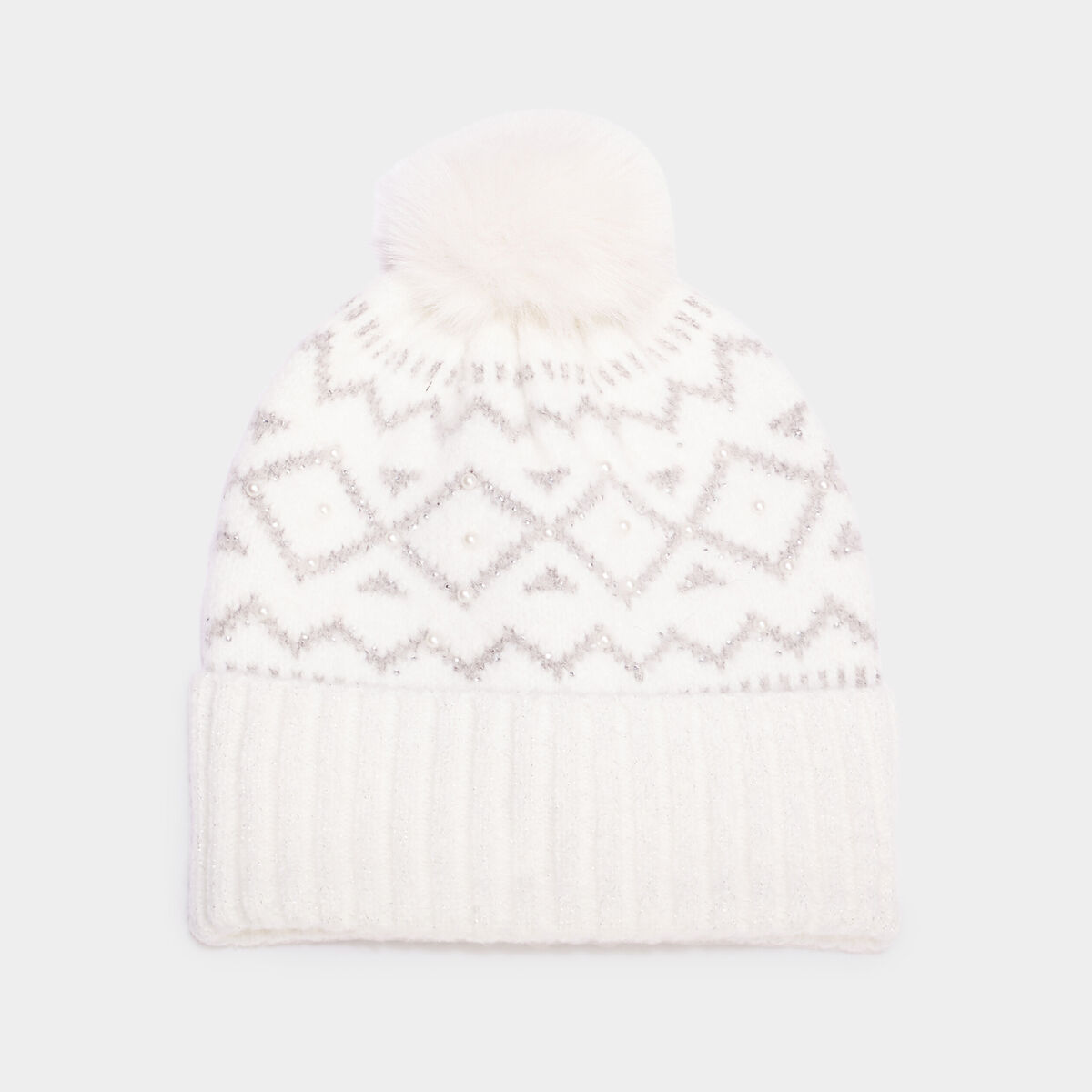 Bonnet avec pompon ivoire femme