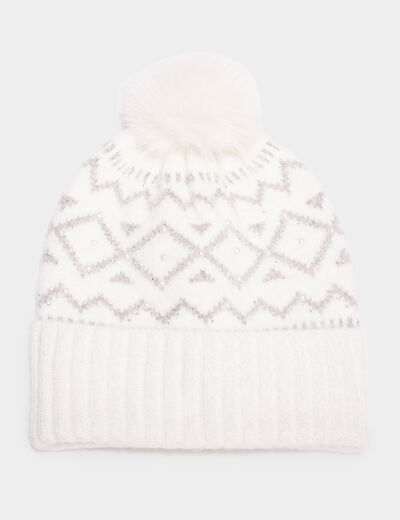 Bonnet avec pompon ivoire femme