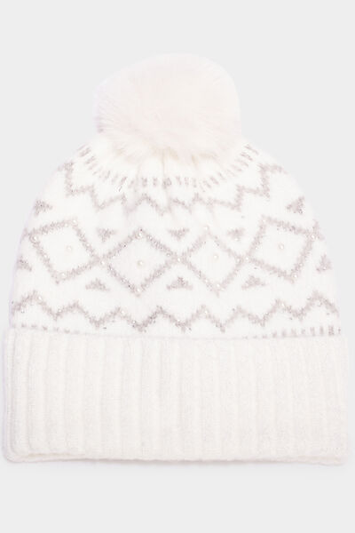 Bonnet avec pompon ivoire femme