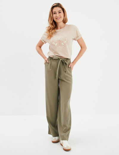 T-shirt droit manches courtes col rond beige femme