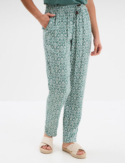 Pantalon fluide ceinture élastiquée vert turquoise femme
