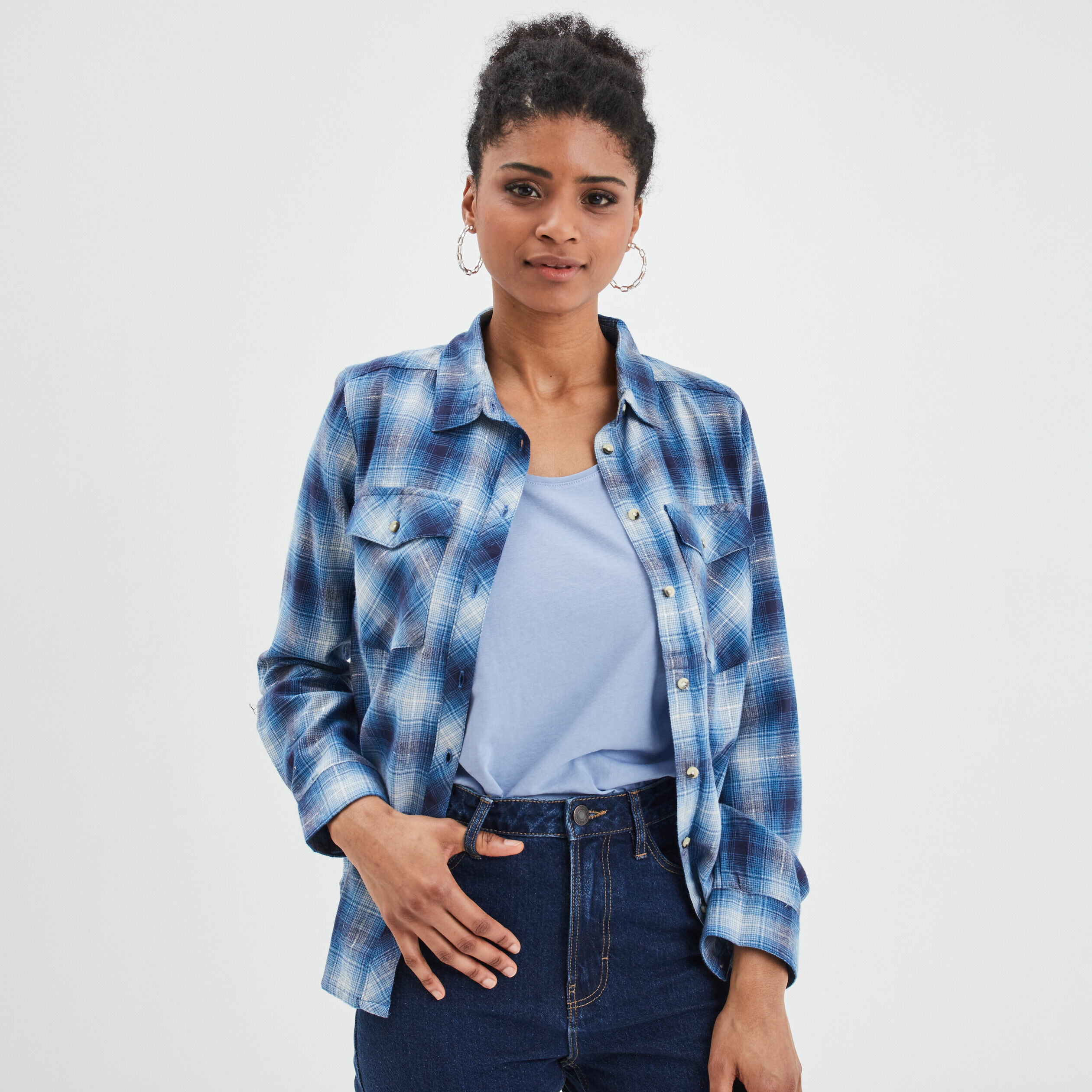 Chemise a carreaux top femme bleu