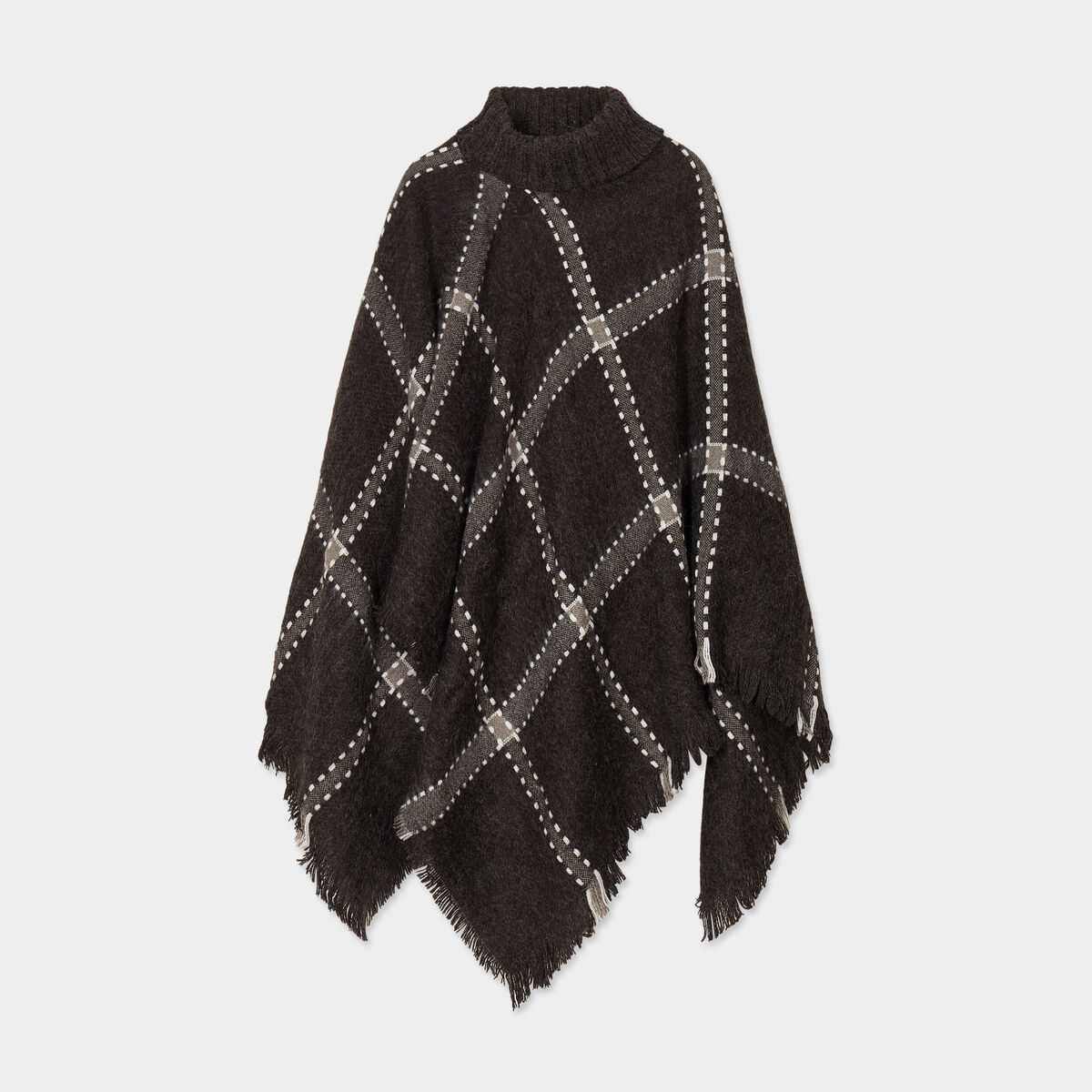 Poncho à col roulé bords à franges fines gris foncé femme