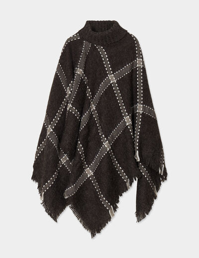 Poncho à col roulé bords à franges fines gris foncé femme
