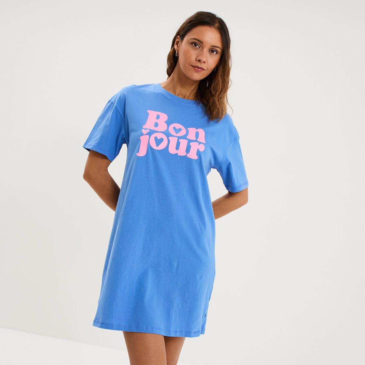 Chemise de nuit coton manches courtes bleu electrique femme