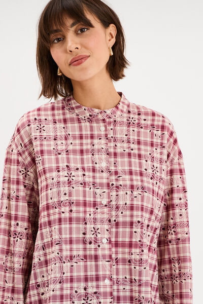 Chemise brod&eacute;e manches longues bordeaux femme